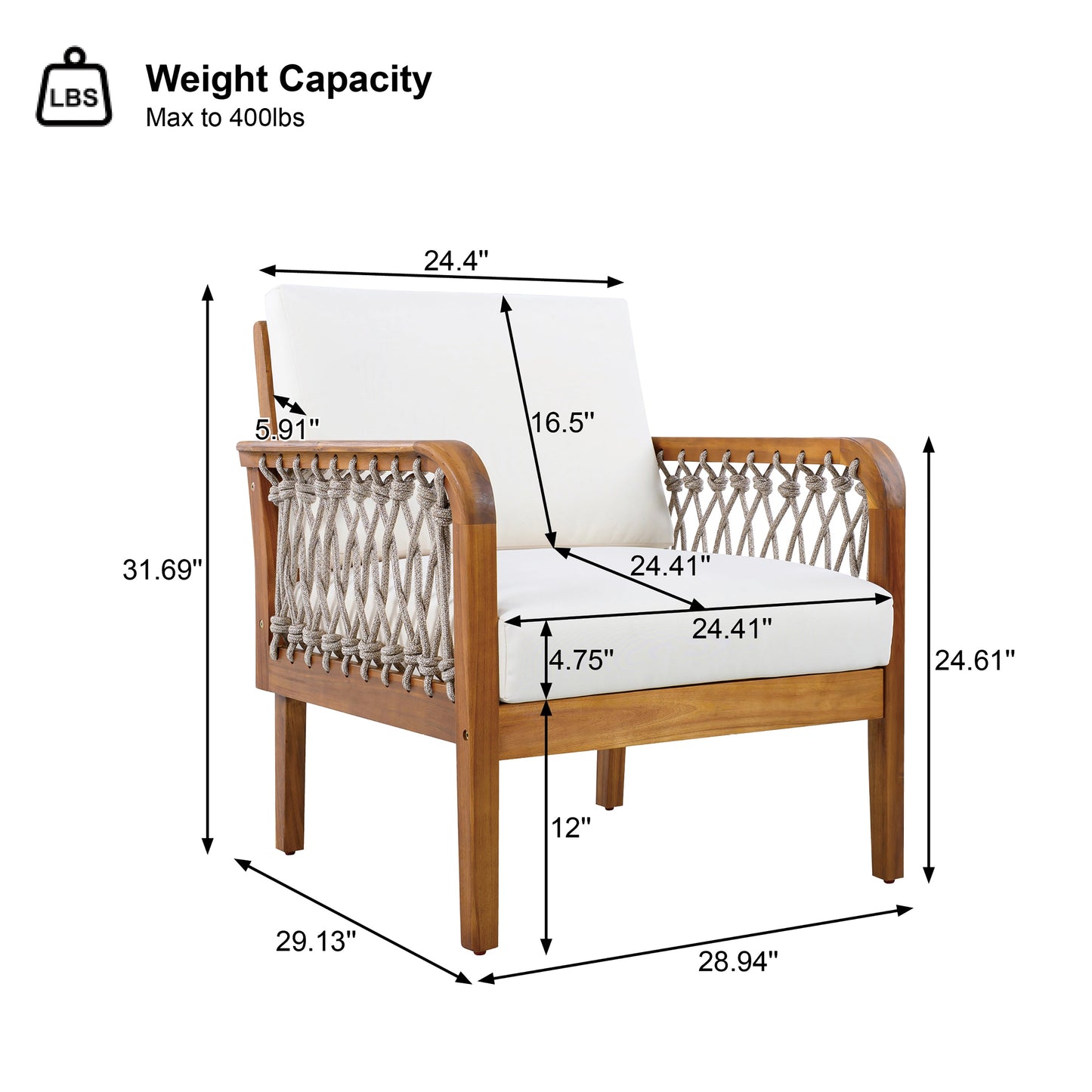 Outdoor Acacia Wood Club Chair with Handwoven Rope (Set of 2)