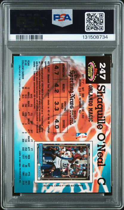 Graded 1992-93 Stadium Club Shaquille O'Neal #247 Rookie RC Basketball Card PSA 8 Auto Grade Near Mint