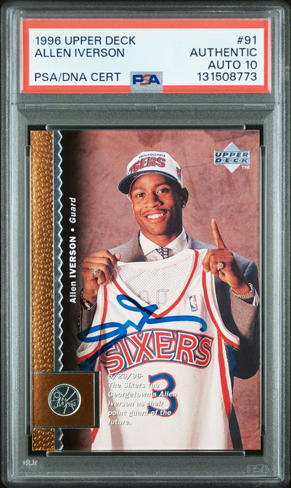 Graded 1996-97 Upper Deck Allen Iverson #91 Rookie RC Basketball Card PSA 10 Auto Grade Gem Mint