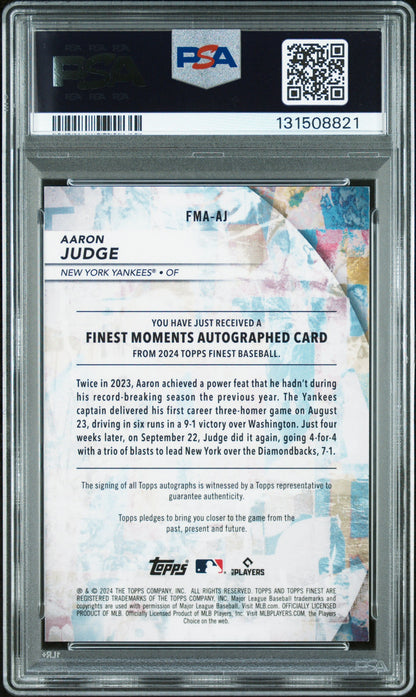 Graded 2024 Topps Finest Aaron Judge #FMA-AJ Finest Moments Autographs Baseball Card PSA 10 Auto Grade Gem Mint