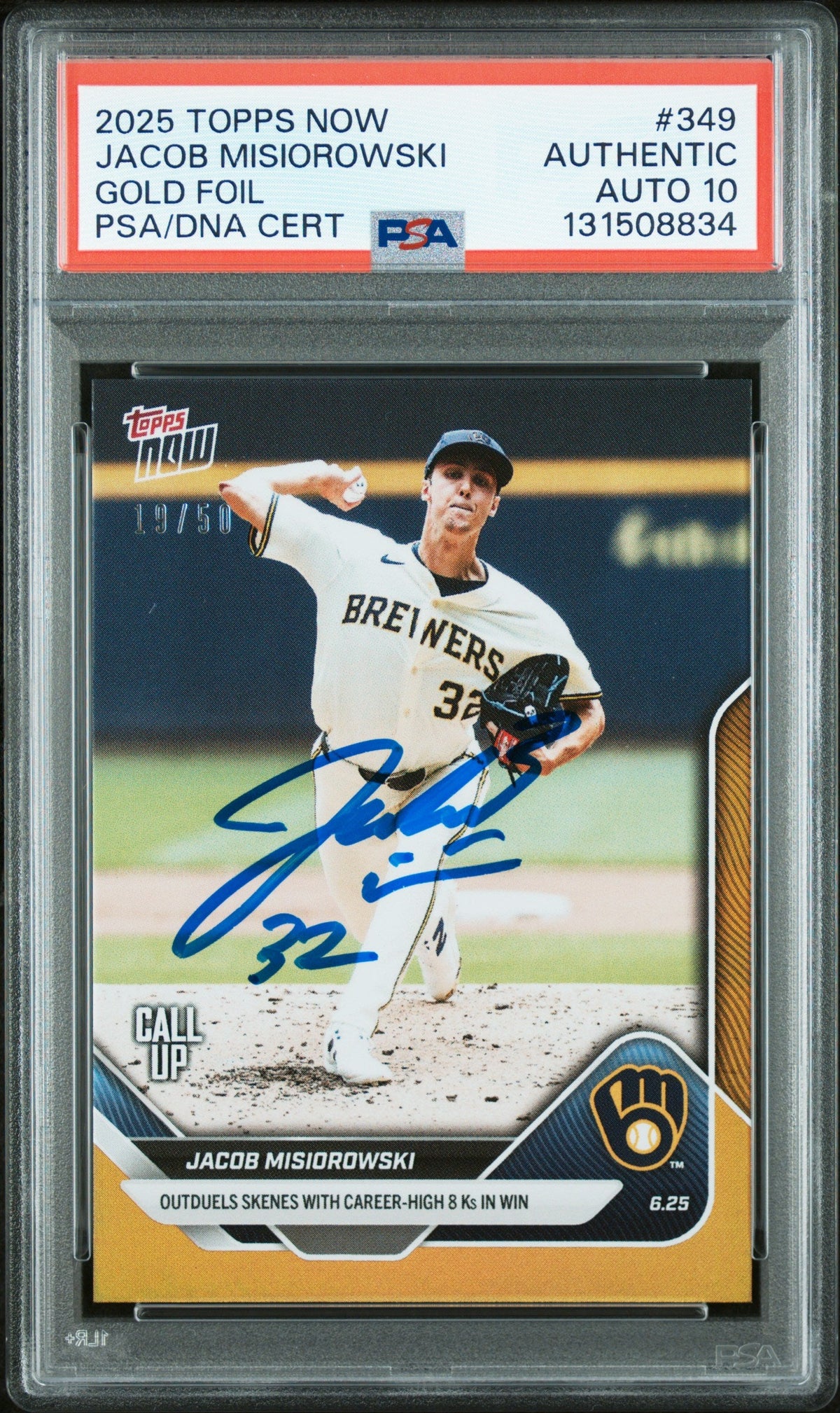 Graded 2025 Topps Now Jacob Misiorowski #349 Gold Foil /50 Rookie RC Baseball Card PSA 10 Auto Grade Gem Mint