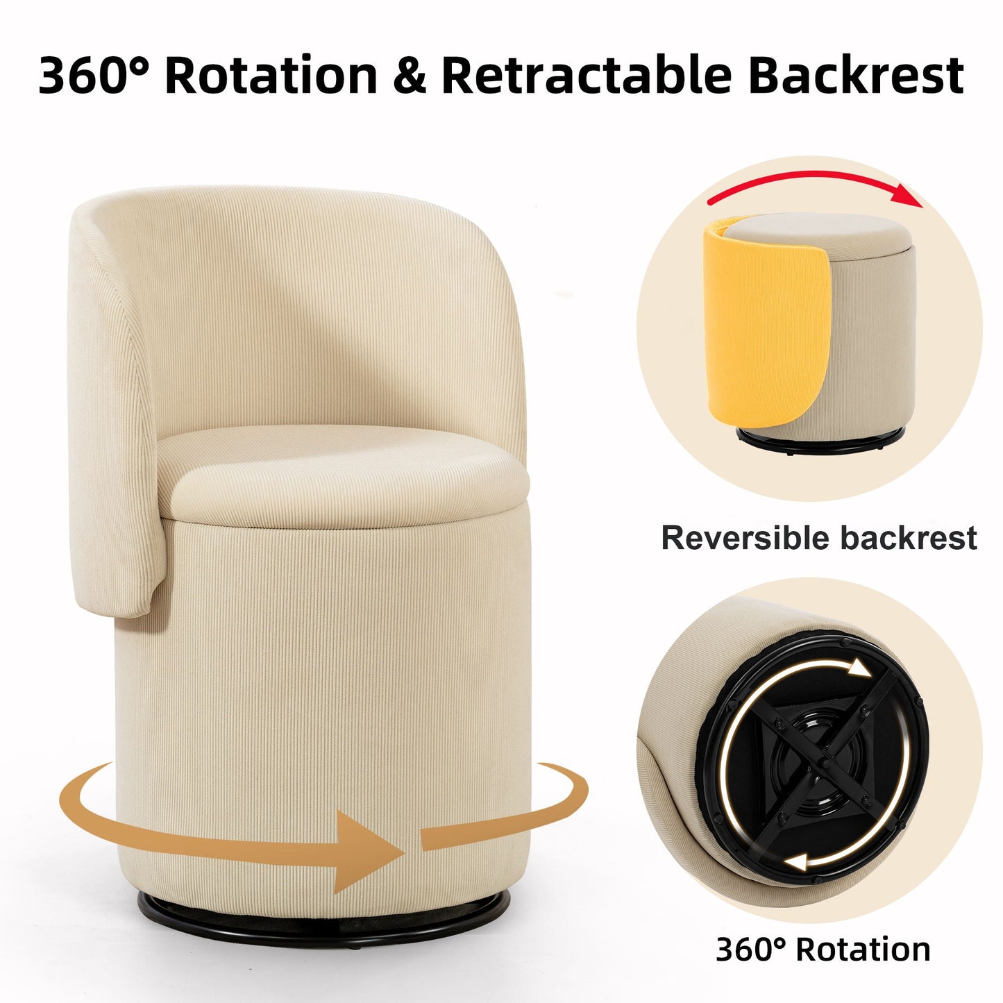 Barrel Chair, Built In Storage, 360° Swivel - Beige