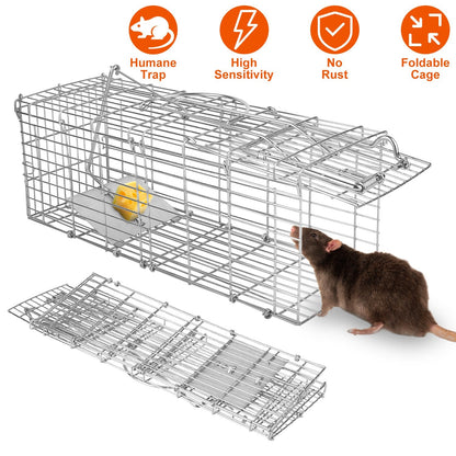 Foldable Rat Trap Cage Humane Live Rodent Trap Cage Galvanized Iron Mice Mouse Control Bait Catch with Detachable L Shaped Rod