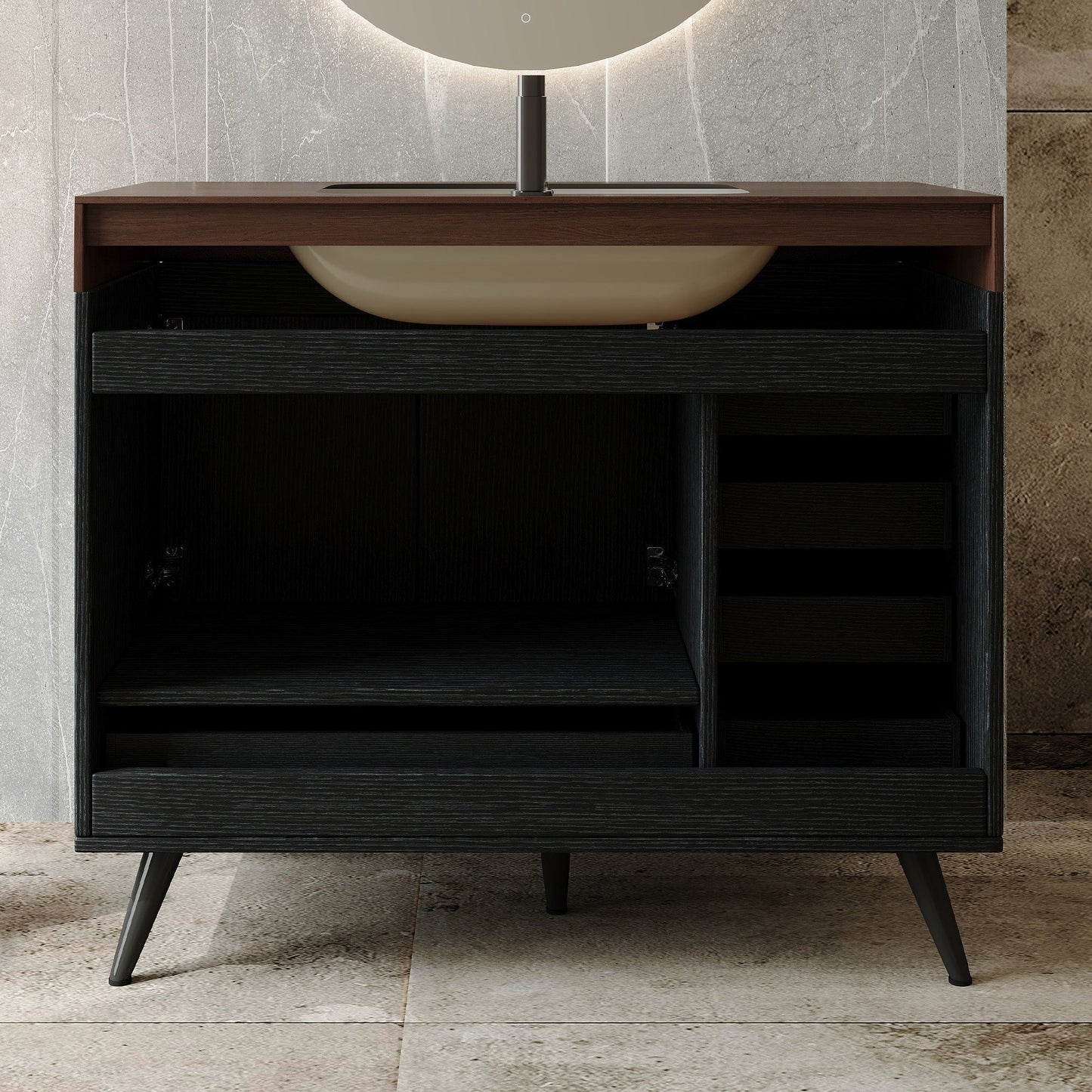 36" Freestanding Bathroom Vanity with Faux Marble Top, Ceramic Sink, 5 Drawers & Stainless Steel Legs