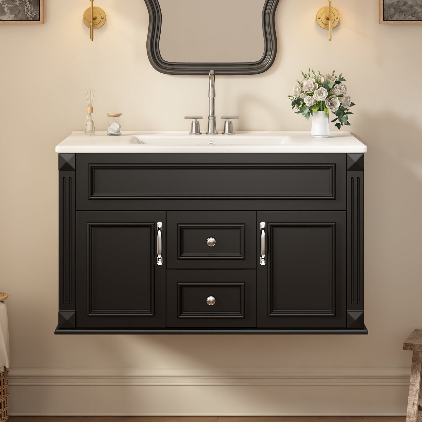 36 Inch Wall Mounted Bathroom Cabinet with Ceramic Sink and Drawers