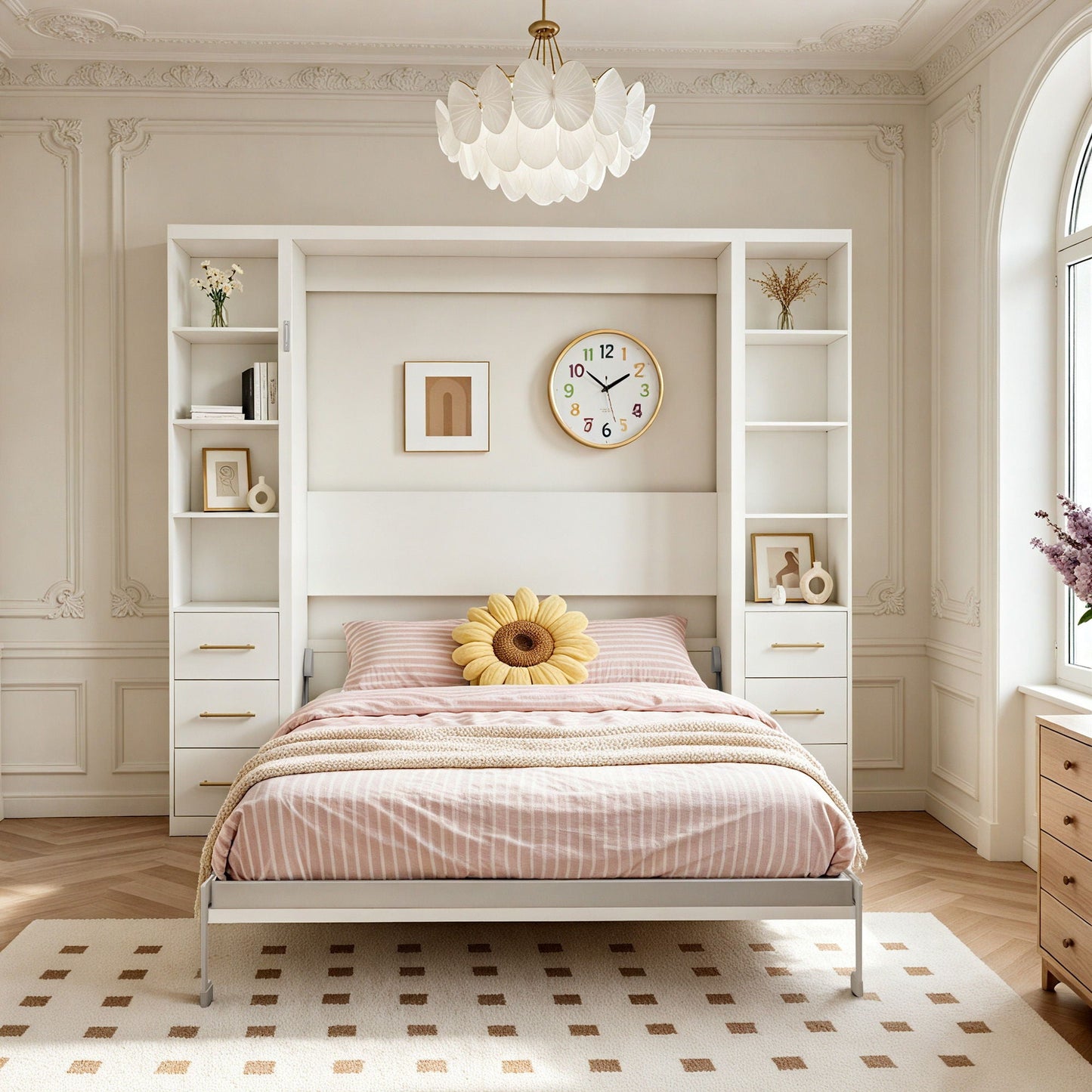 Queen Size Murphy Wall Bed With Side Storage Cabinets - White