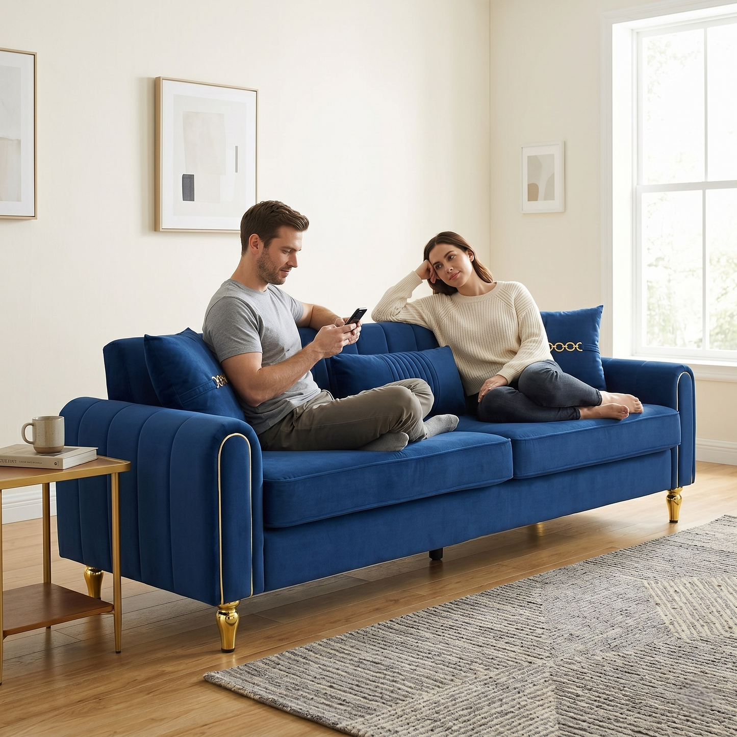 FX-P11-RB 87.4 Inches Upholstered 3-Seater Sofa with Throw Pillows