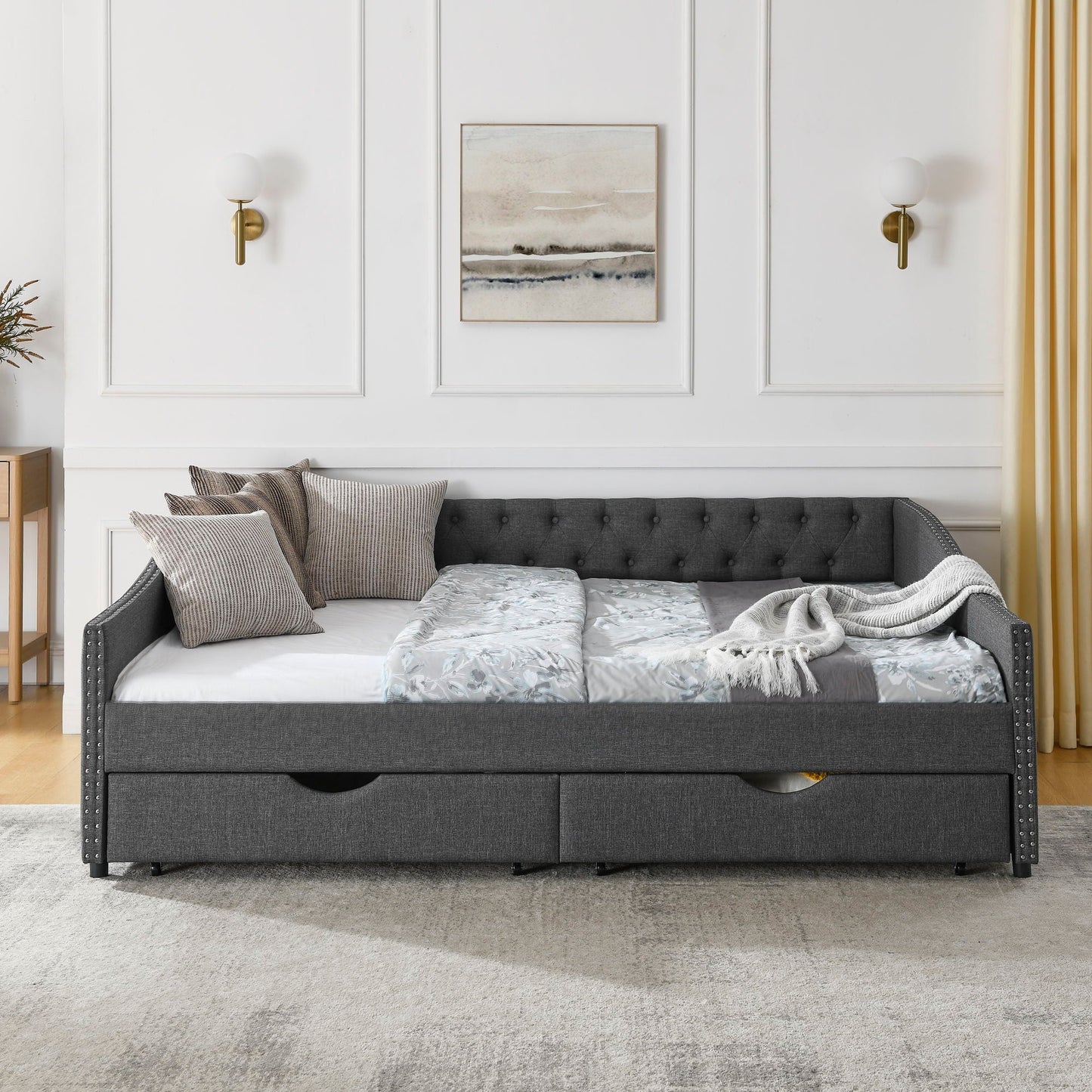 Upholstered Tufted Daybed With 2 Drawers, Waved Arms