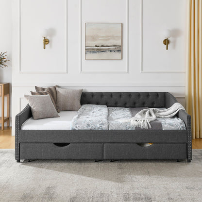 Upholstered Tufted Daybed With 2 Drawers, Waved Arms