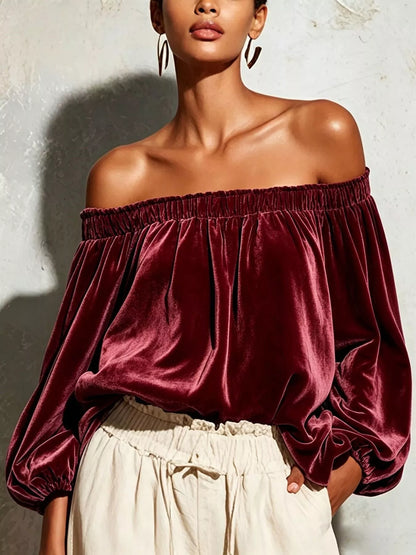 Off-Shoulder Velvet Long Sleeve T-Shirt
