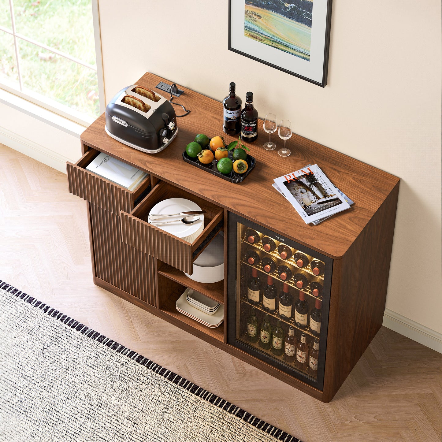 51" Fluted Bar Cabinet with Fridge Space and Wine Glass Rack