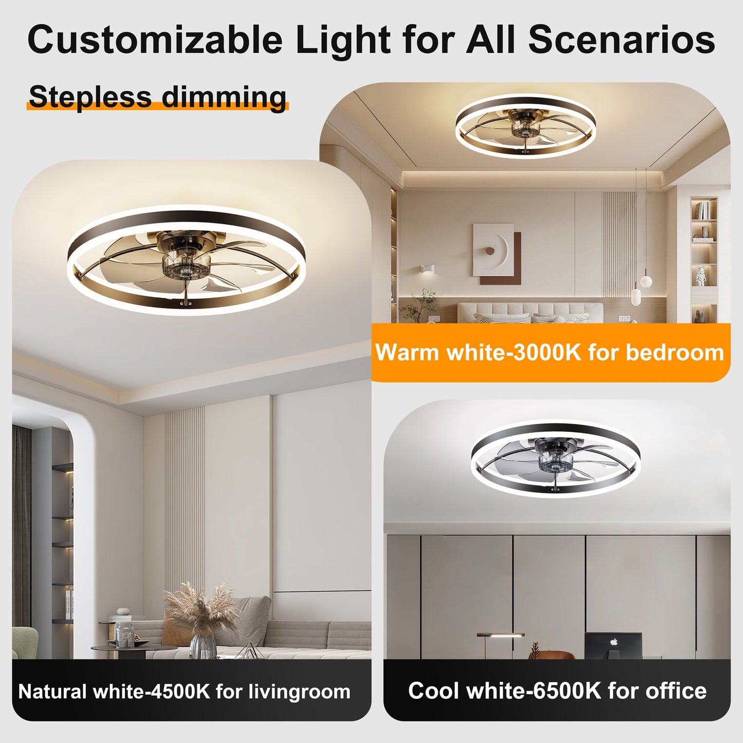 Smart Ceiling Fan with LED Light, 7 Blades Modern Metal Design