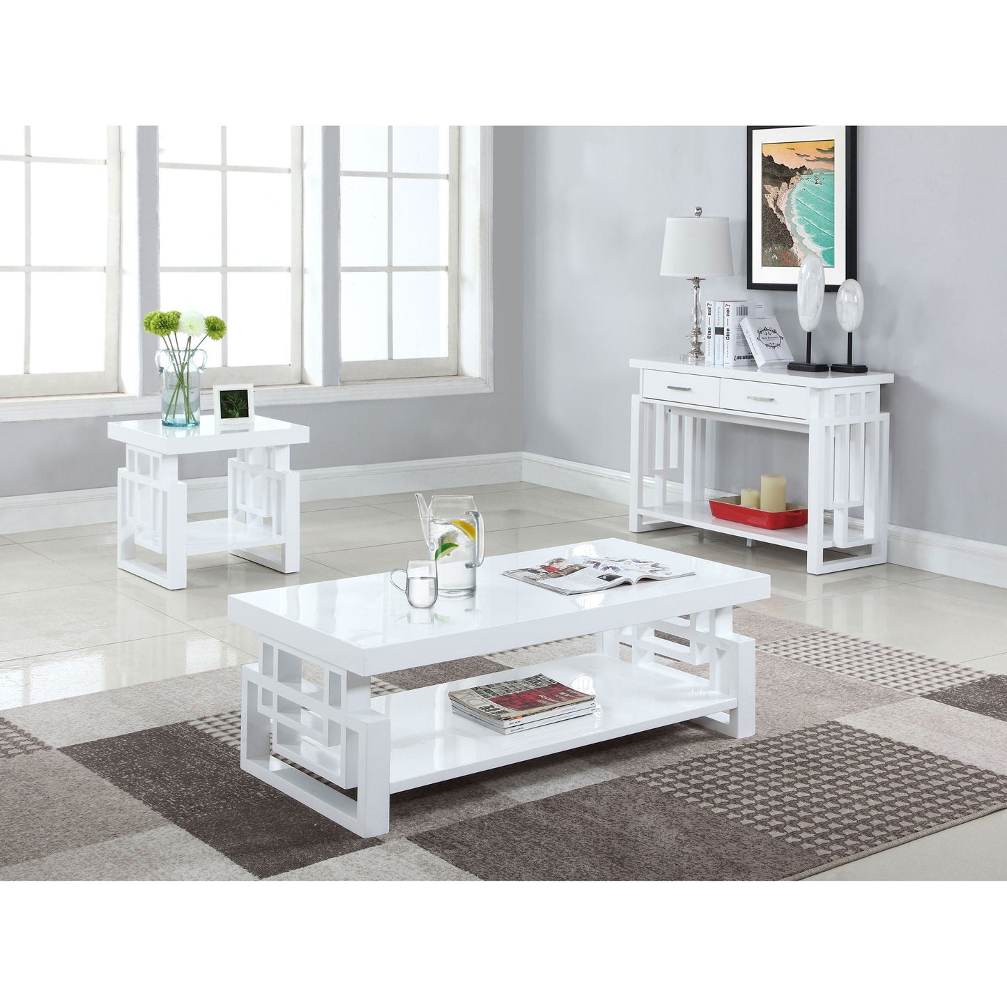 Rectangular End Table With Geometric Design And Open Shelf - White