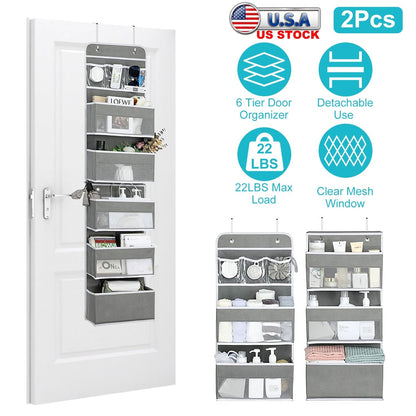 2Pcs Over The Door Organizer 6 Tier Hanging Basket Detachable Behind Door Hanging Pantry Tilt-Resistant for Bathroom Bedroom