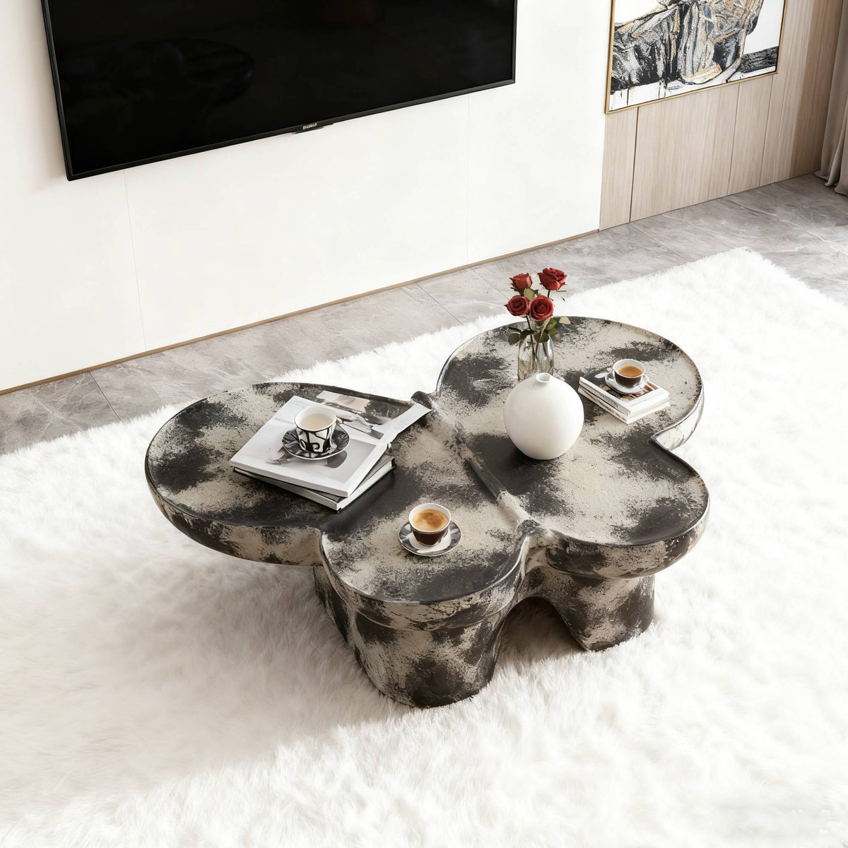 Butterfly Design Coffee Table with Modern Fiberglass Construction - Light Gray and Black