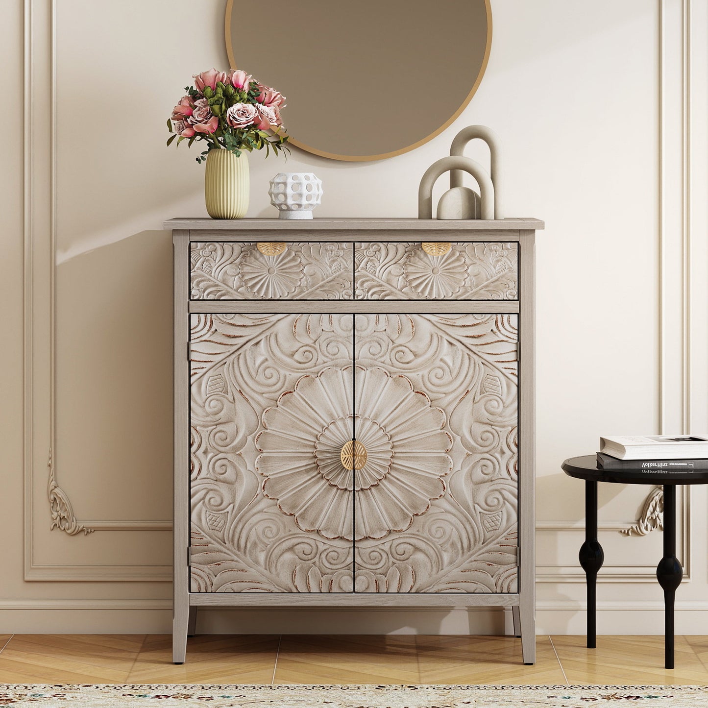 Hand-Carved Accent Cabinet with Drawer and Doors