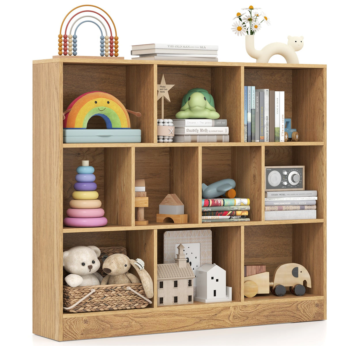 41 inches Wooden Toy Storage Organizer with 10 Cubes for Kids-Natural
