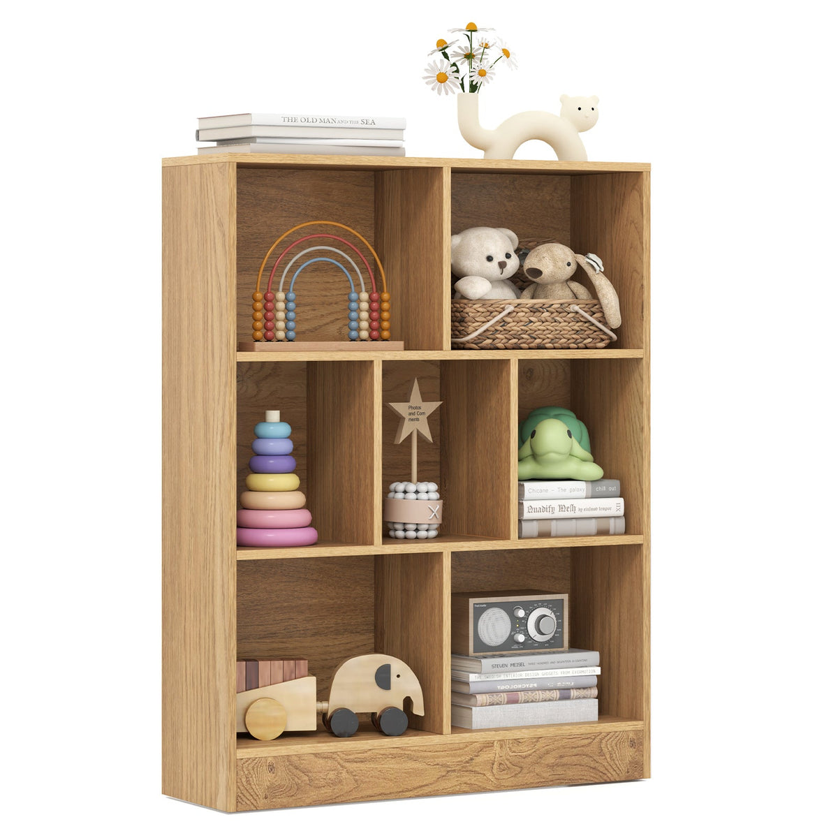 7-Section Freestanding Bookshelf for Kids Room Classroom Daycare Nursery-Natural
