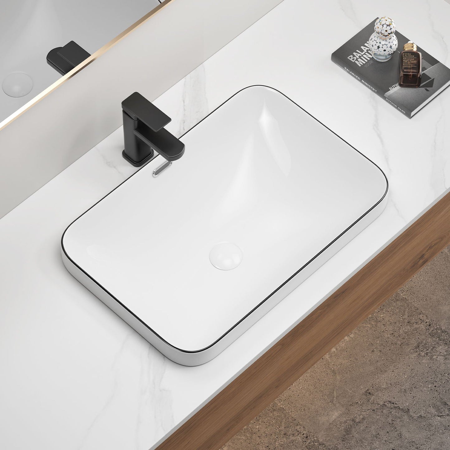 Undermount Bathroom Sink, Vessel Basin For Vanity Countertop - Milk White / Black