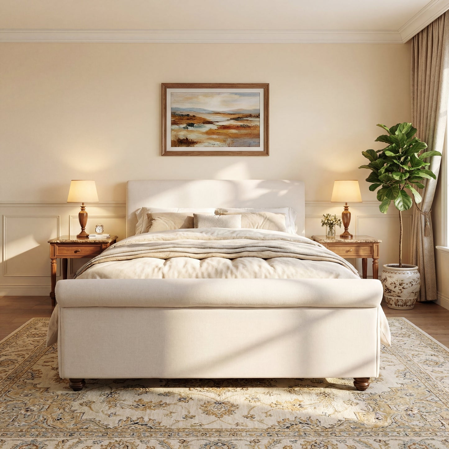 Queen Size Upholstered Bed Frame With Linen Fabric
