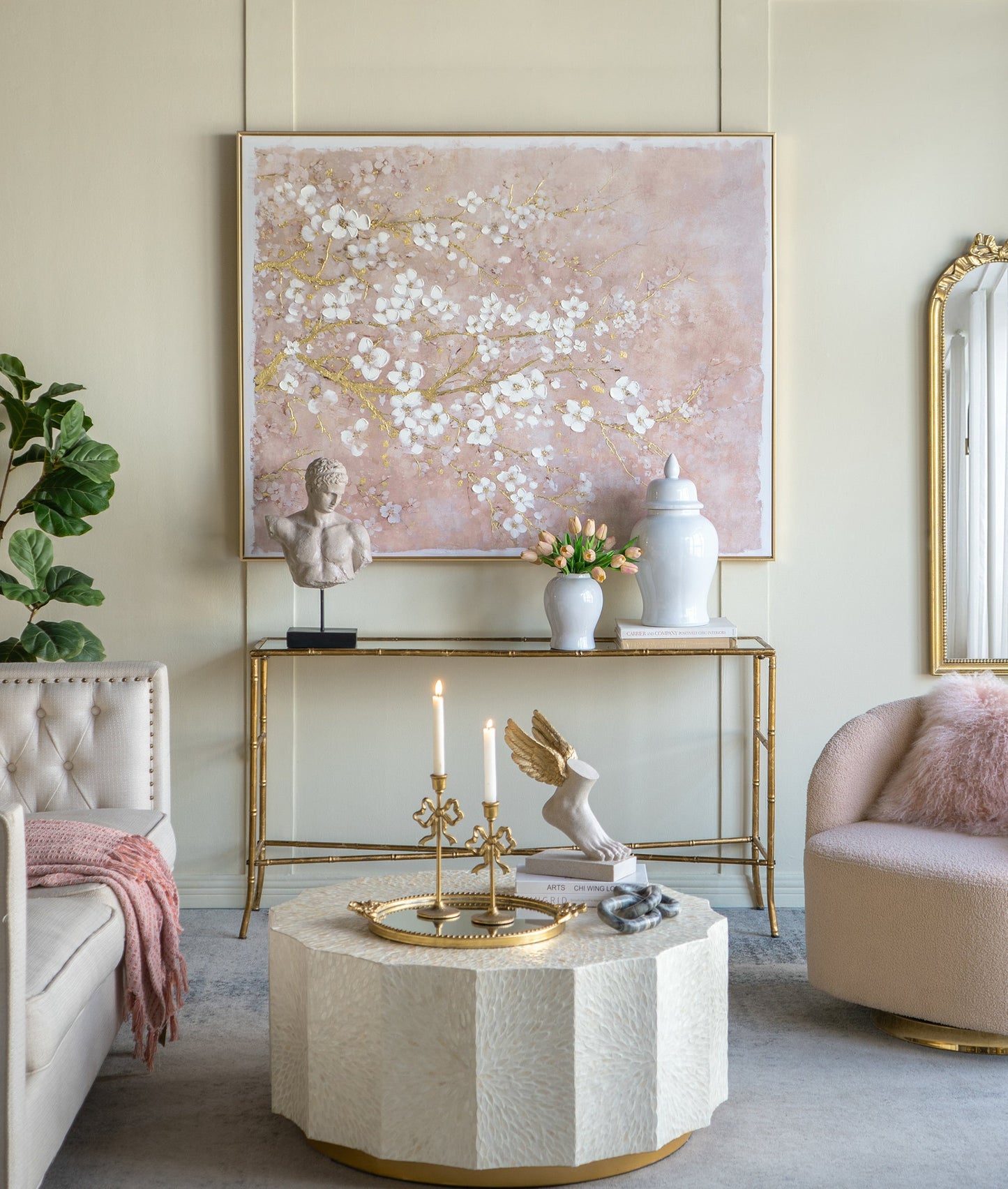 59.1x47.2 Hand-Painted Cherry Blossom Canvas Art with Blush Pink and White Finish
