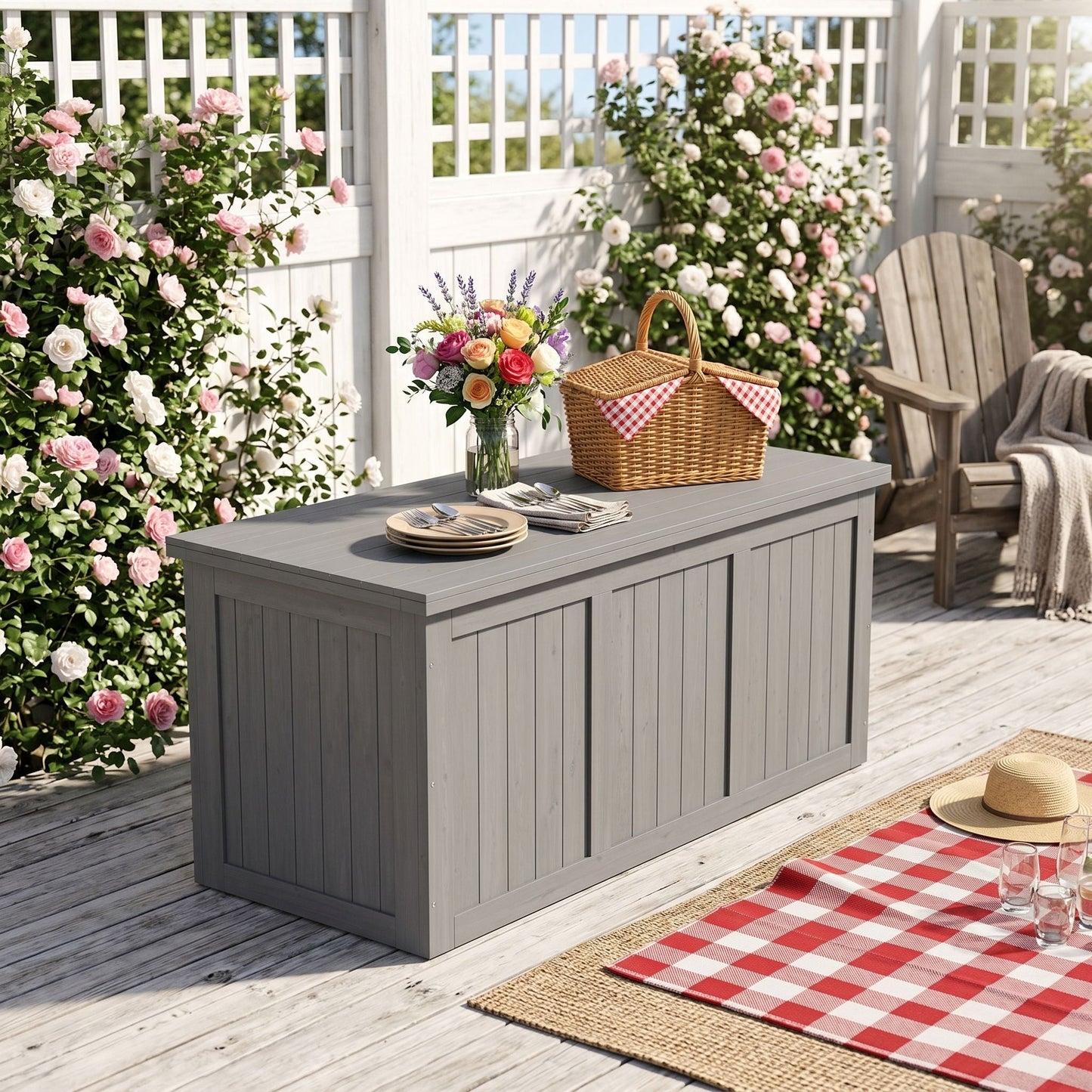 Outdoor Deck Box, Storage With Seat & Table Top