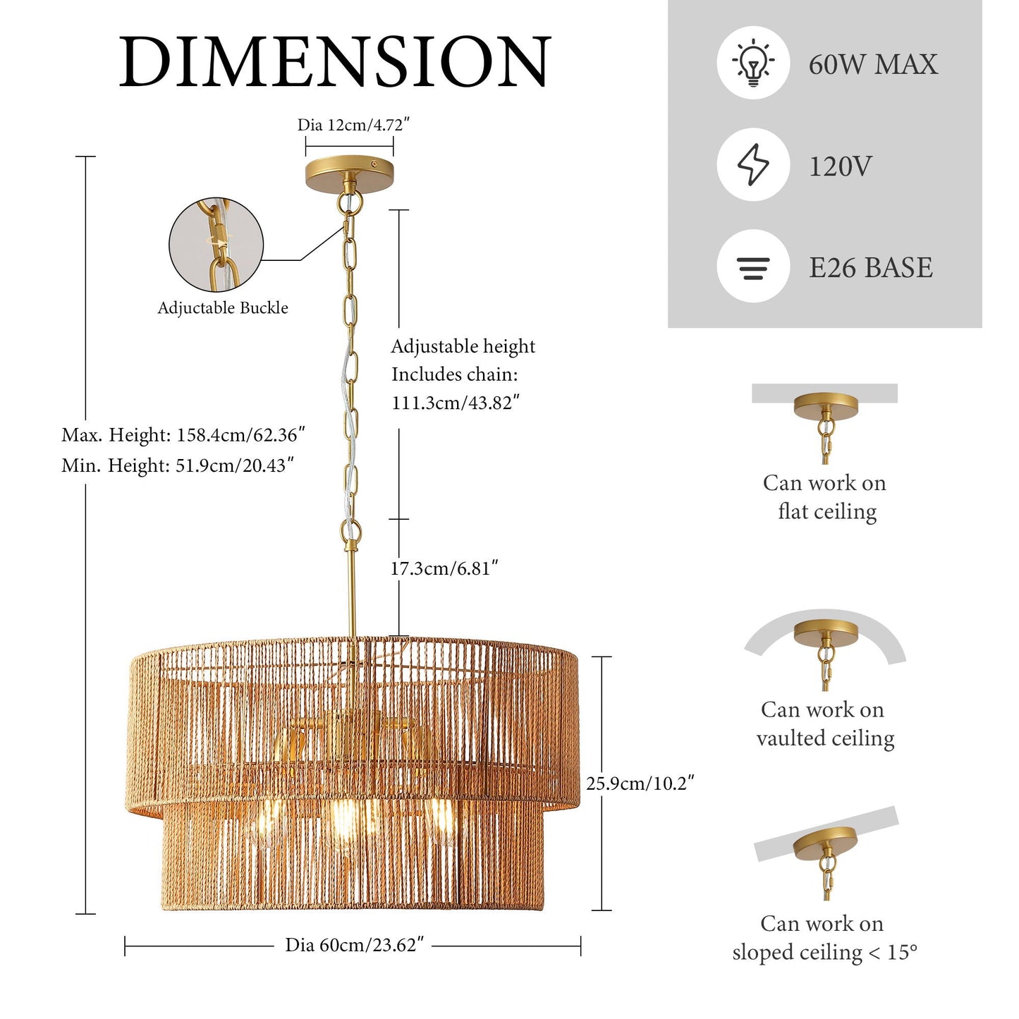 Chandelier, 2 Tier Boho Wabi Sabi Pendant Light, Hanging Ceiling Lamp - Gold