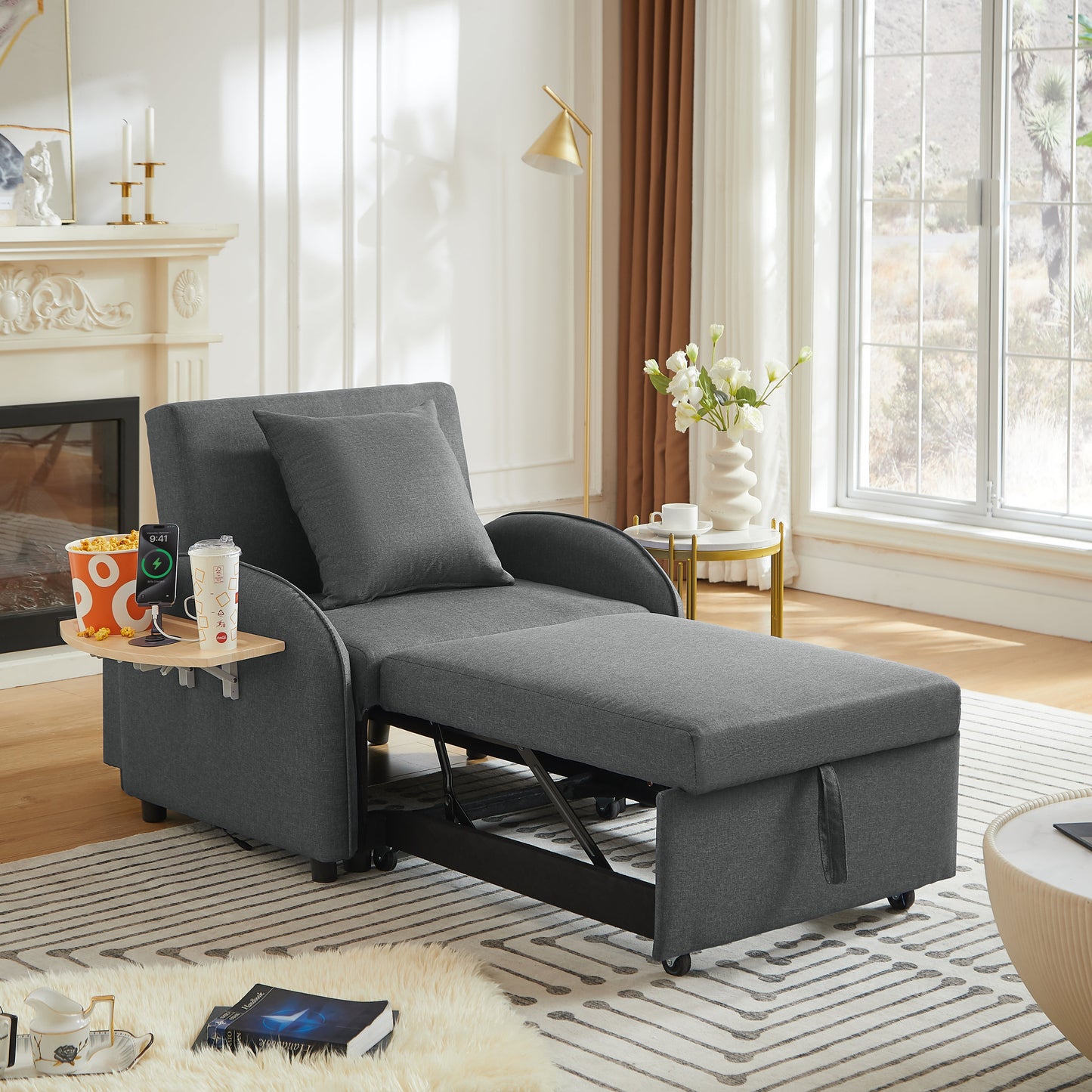 Sleeper Sofa Chair Bed, 3-In-1 Convertible with Adjustable Backrest & Foldable Table
