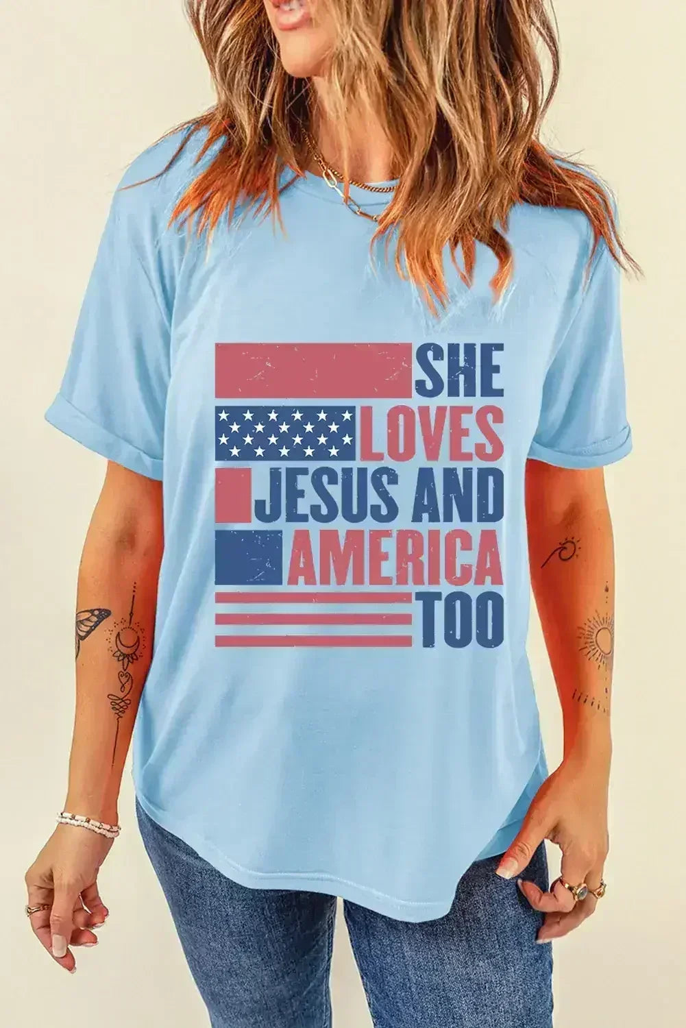 Light Blue SHE LOVES JESUS AND AMERICA TOO Patriotic T Shirt