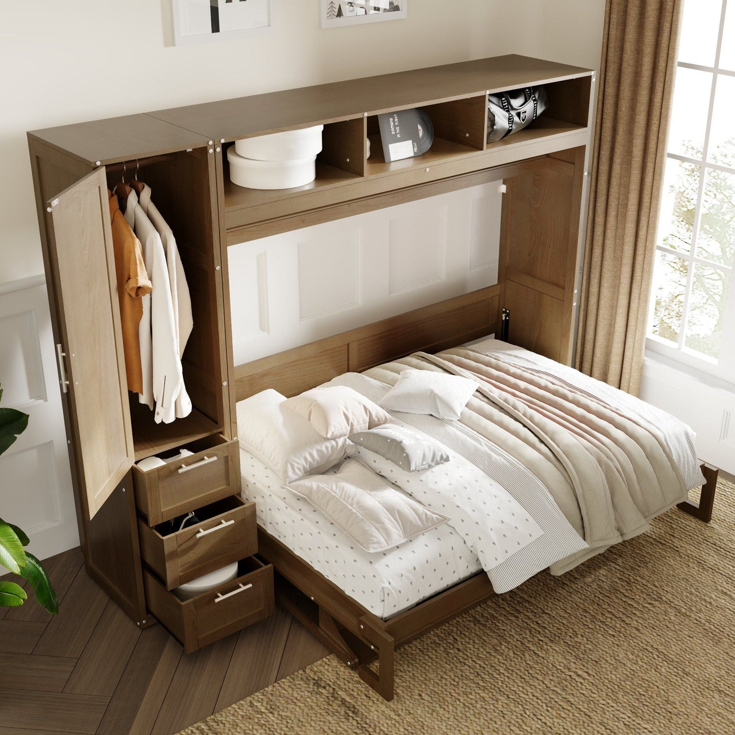 Full Size Murphy Bed With Wardrobe, Drawers, And Open Shelves - Wood