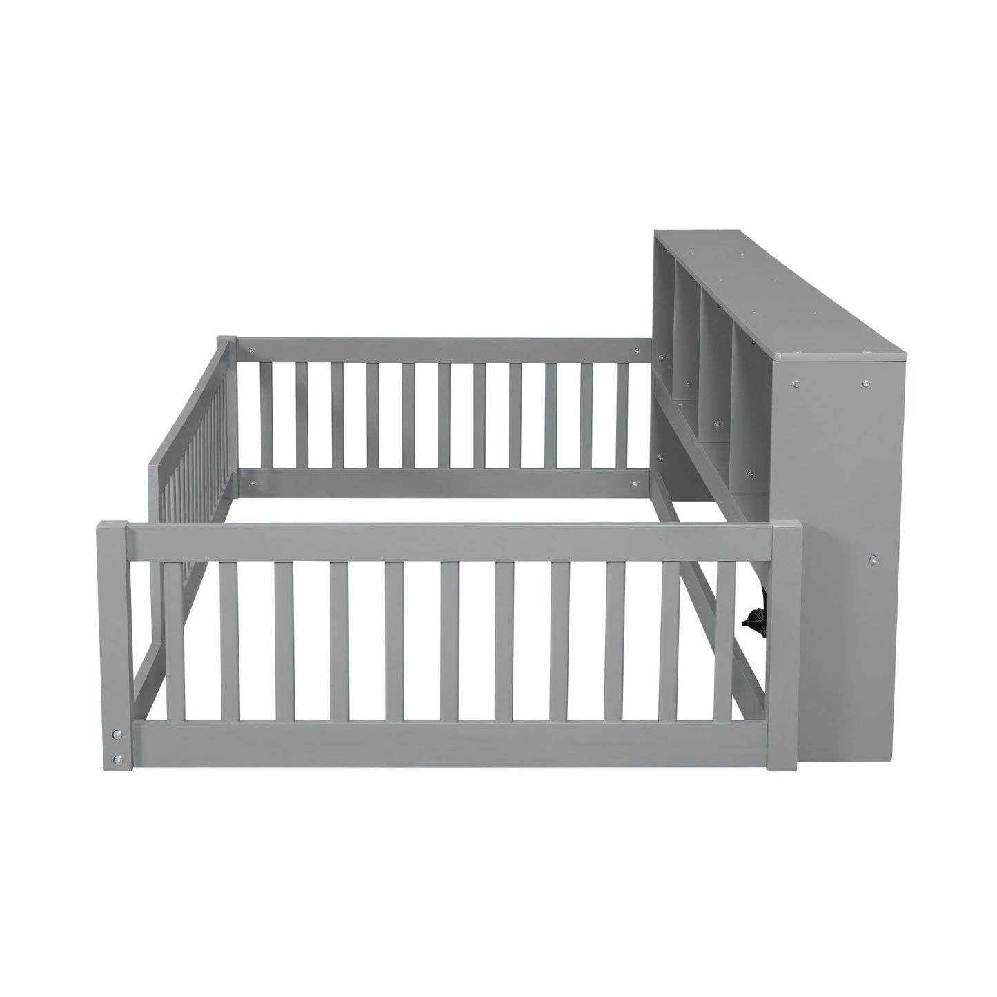 Twin Long Floor Bed With Storage Cabinets And USB Ports - Gray