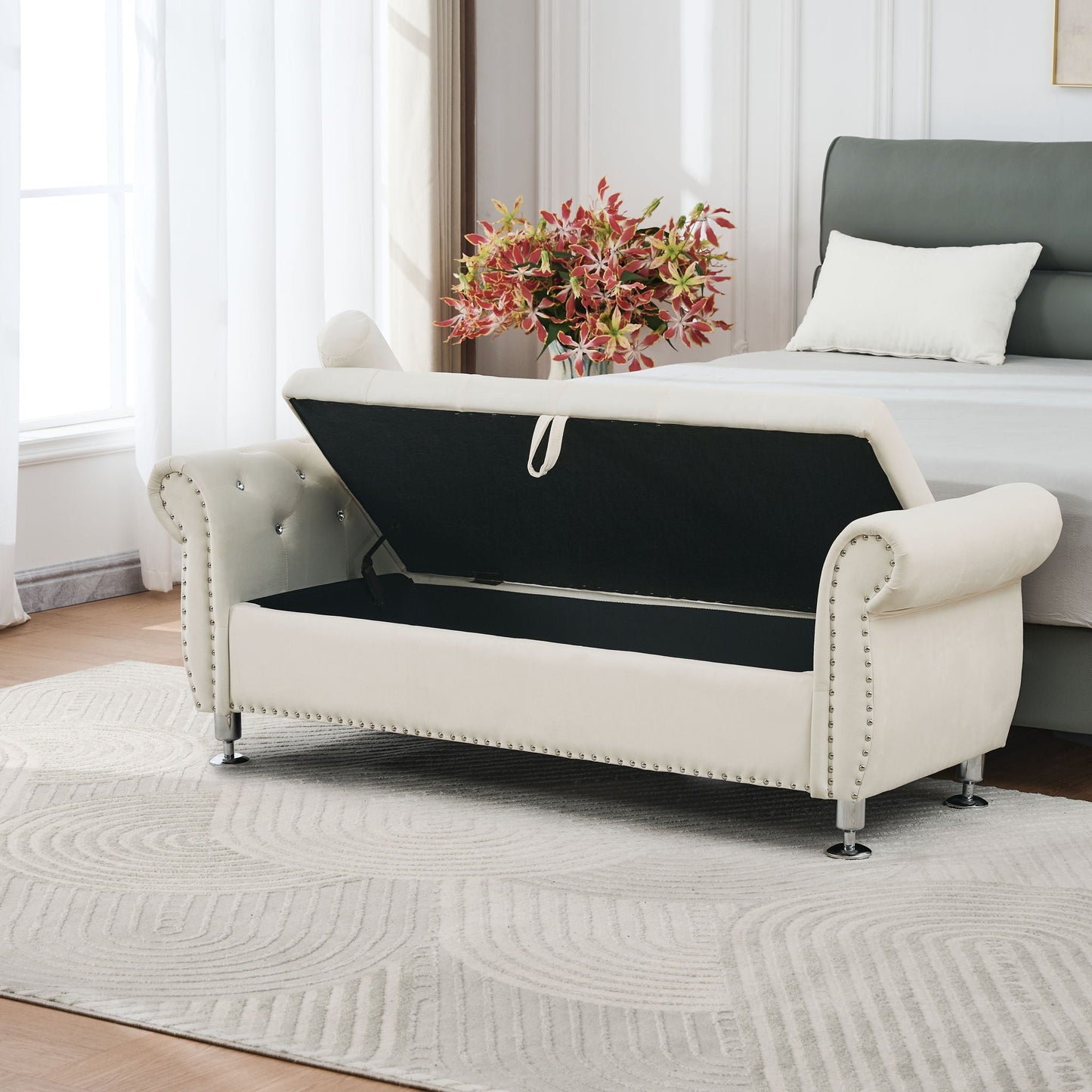 Storage Bench With Crystal Buttons And 1 Pillow For Bedroom