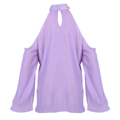 Women\'s Sexy Off The Shoulder Blouses Cold Shoulder Tops V-Neck Long Sleeve T-Shirt Solid Color Summer