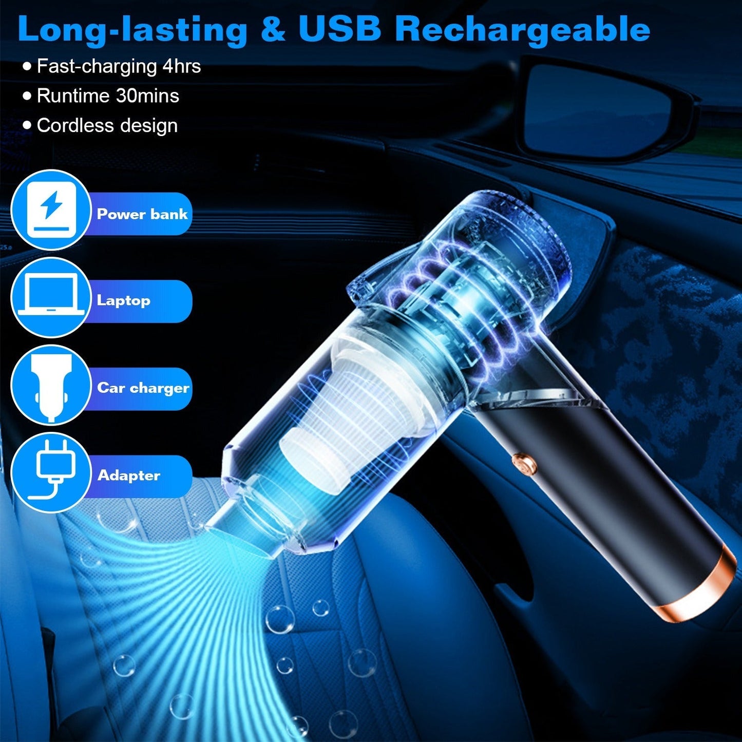 3 In 1 Cordless Handheld Vacuum Cleaner with Searchlight 120W 9000PA Portable Foldable Rechargeable Vacuum Car Home Duster with Brush Nozzle Long Nozz