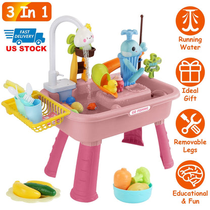 3 In 1 Kitchen Sink Toy with Electric Faucet Water Table Fishing Game Role Play Sink Set Indoor Outdoor for Kids Aged 3+ Years Old