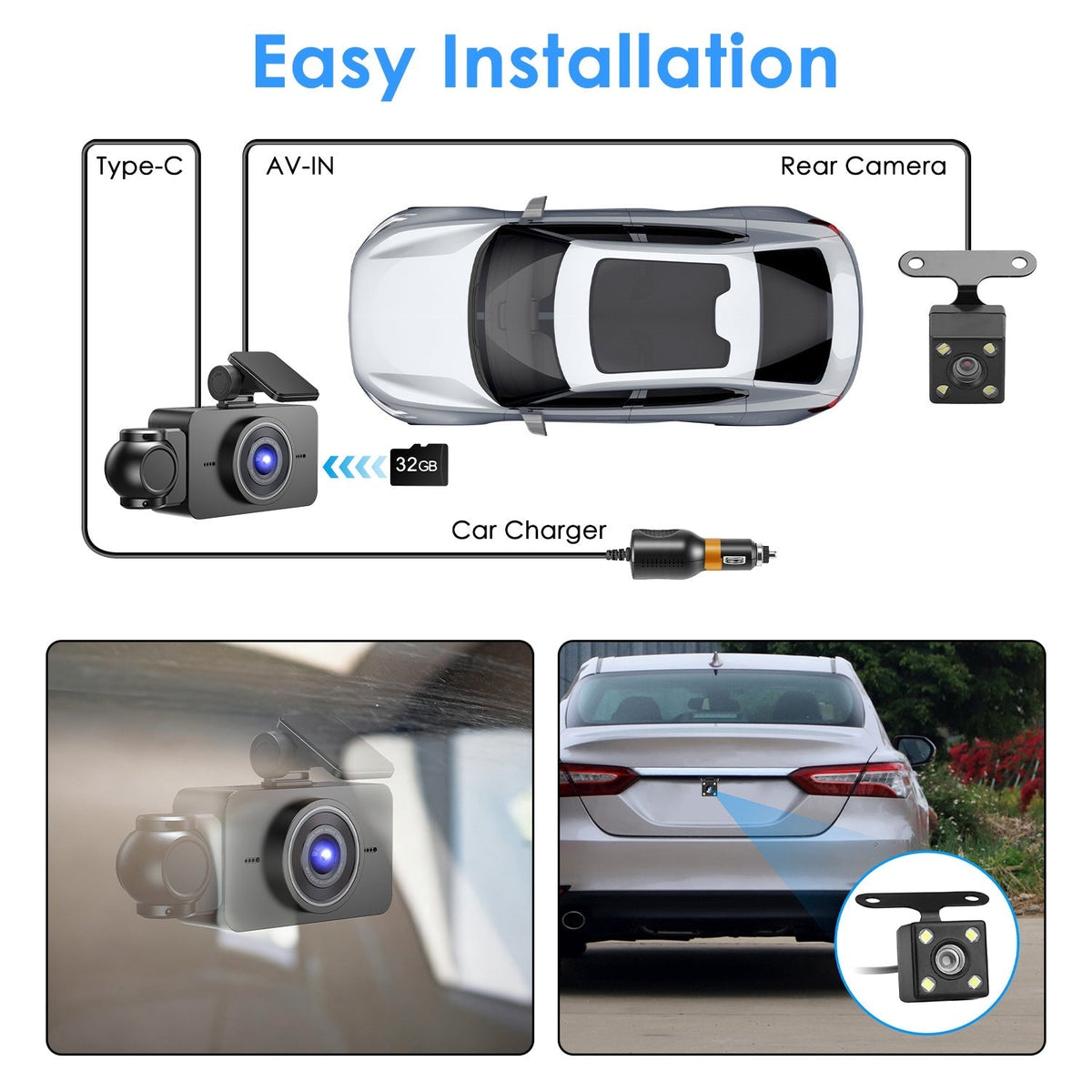 WiFi 1080P 3-Channel Dash Cam with Night Vision & 32GB Card