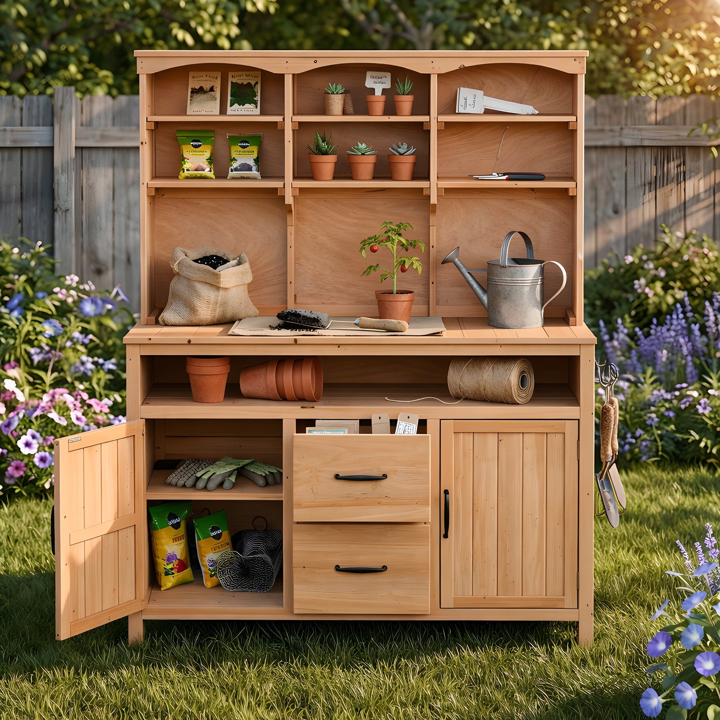 TOPMAX Large Fir Wood Potting Bench with Hutch, Cabinets & Drawers