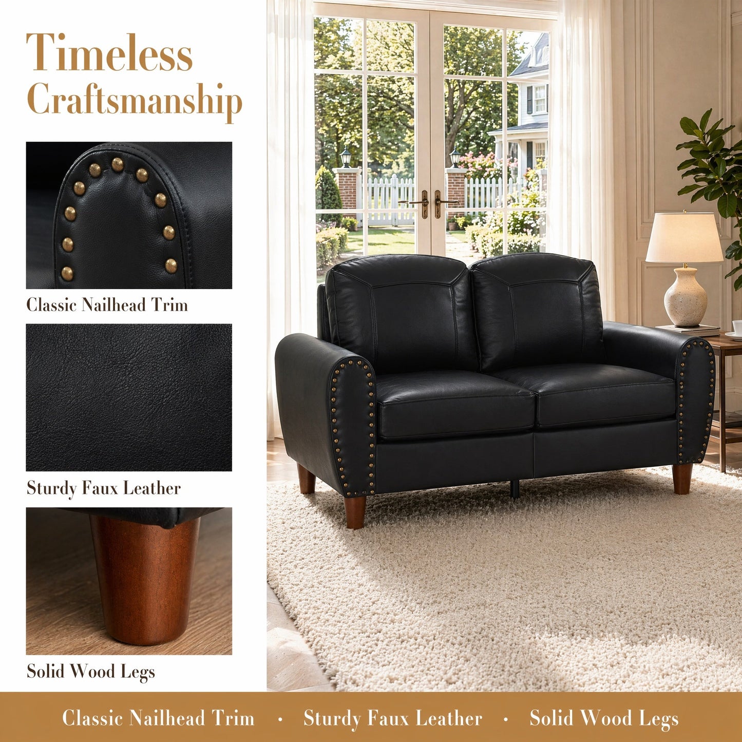 59" Classic Living Room Sofa Loveseat Faux Leather Couch
