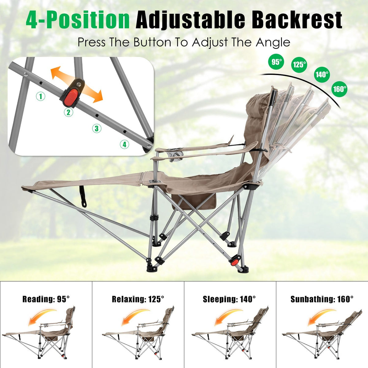 Reclining Camping Chair with Footrest – 4-Position Adjustable