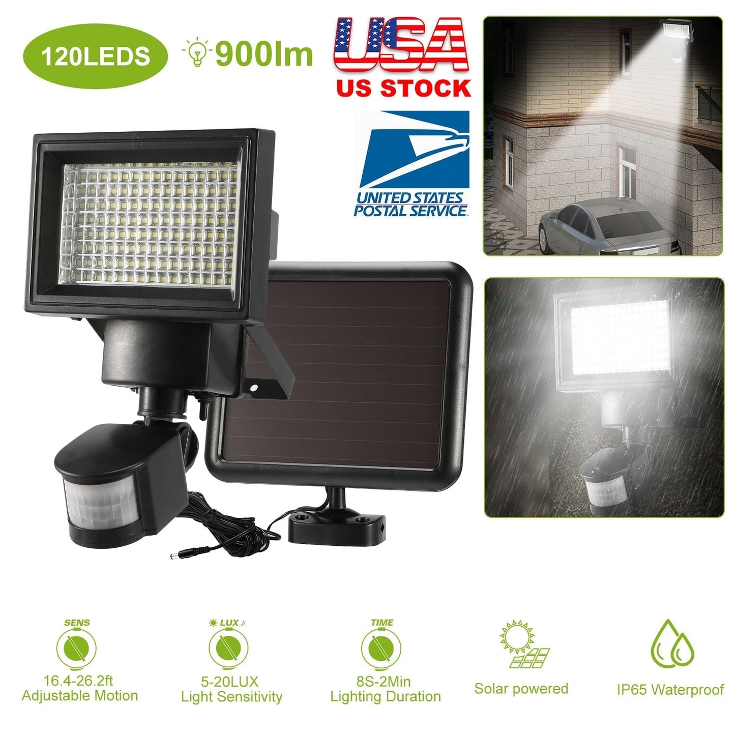 Solar Wall Lights 120 LEDs Flood Lights Outdoor 120¡ Motion Sensor Lamps 180¡Illumination IP65 Waterproof w/ 15.5ft Charging Cable for Garage Garden F