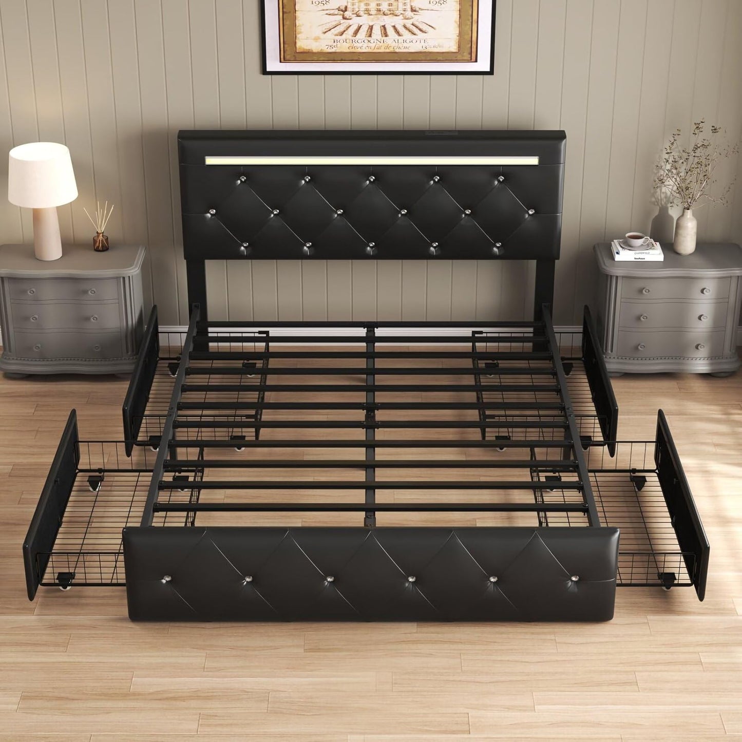 Upholstered Bed Frame With LED Lights, 4 Storage Drawers, Charging Station