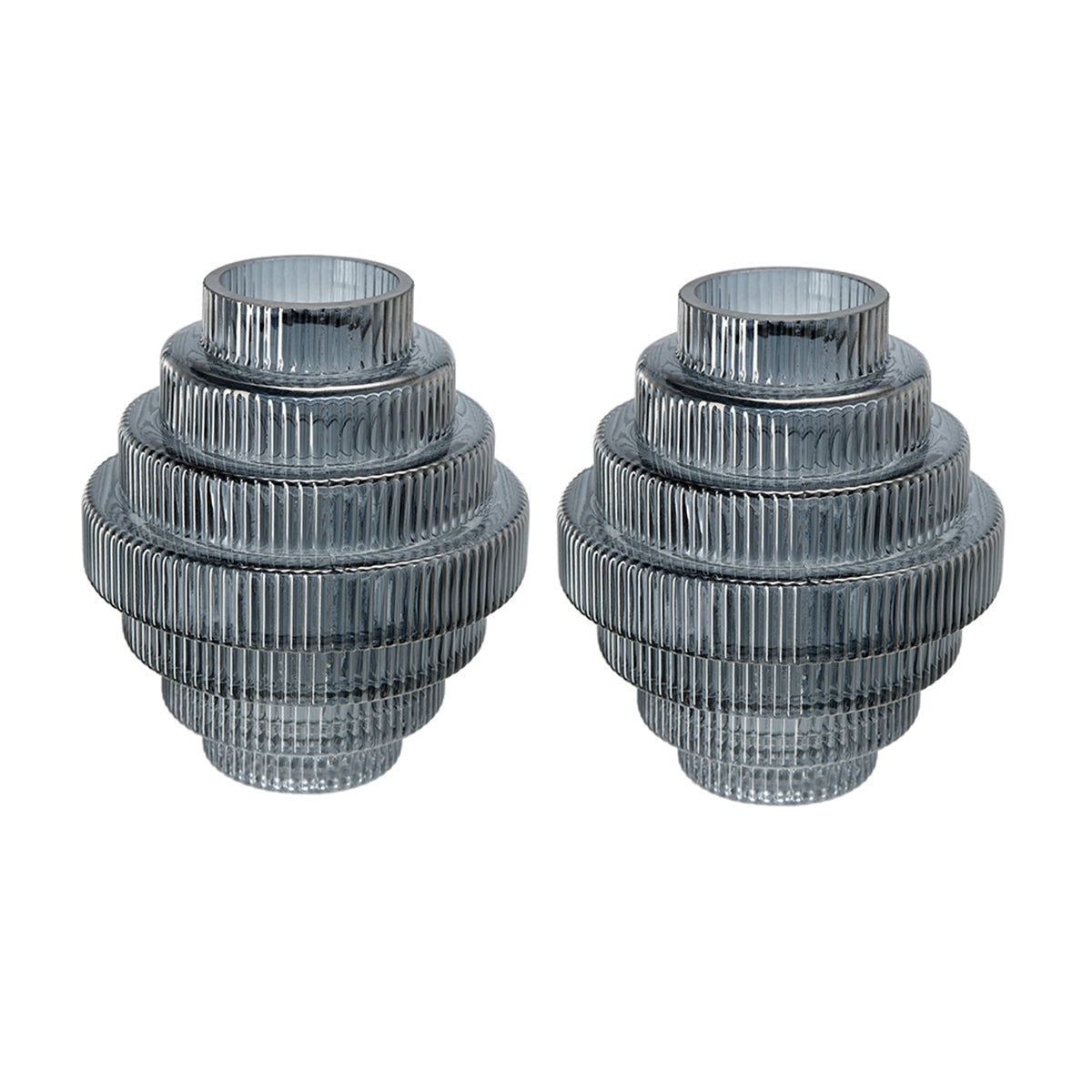 Multi-Tiered Geometric Vase with Smoked Blue Finish, Set of 2
