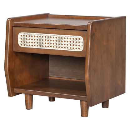 Walnut Nightstand with Rattan Detail, MDF + Solid Wood