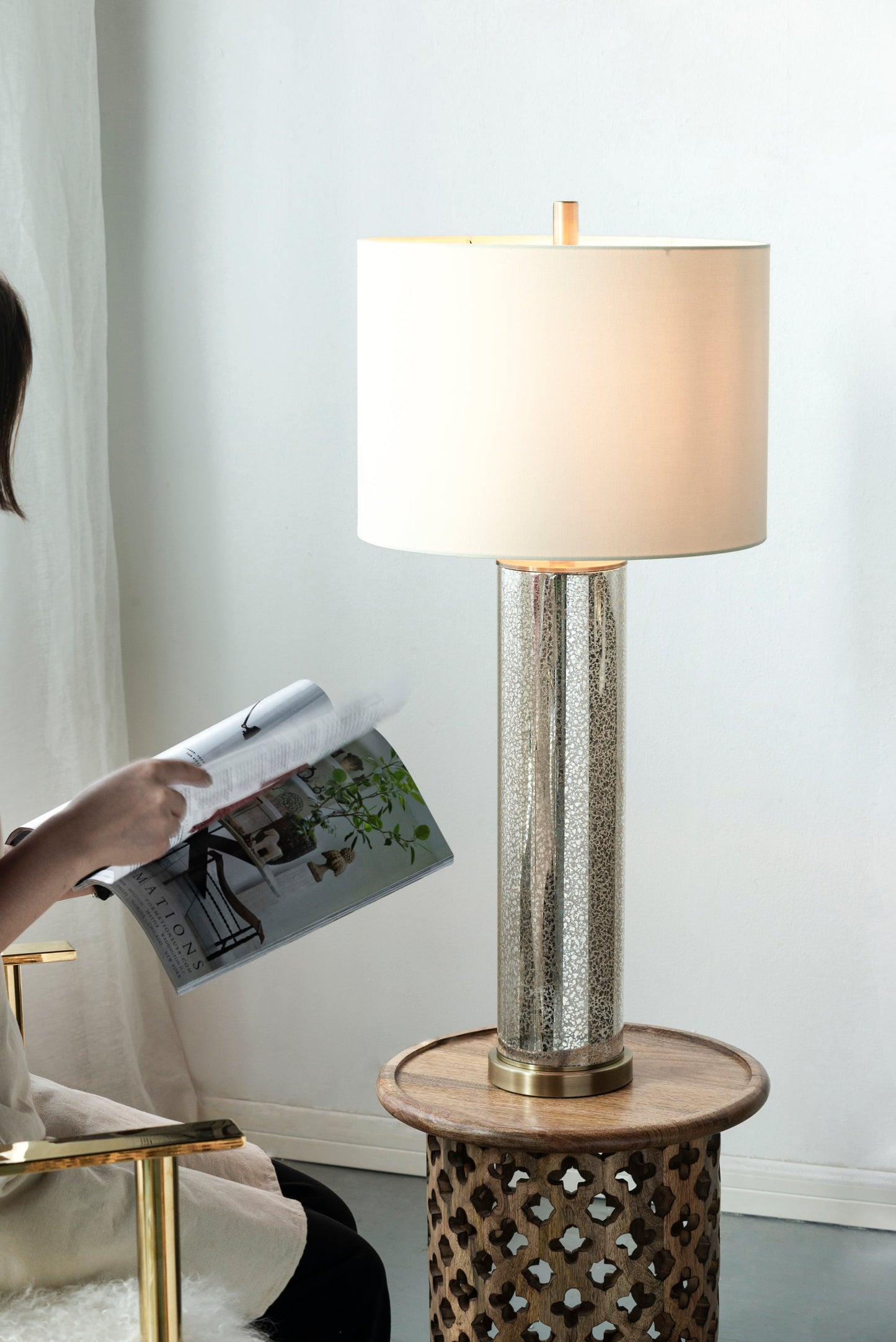16x16x35 Gold Mirrored Glass Table Lamp with White Fabric Shade
