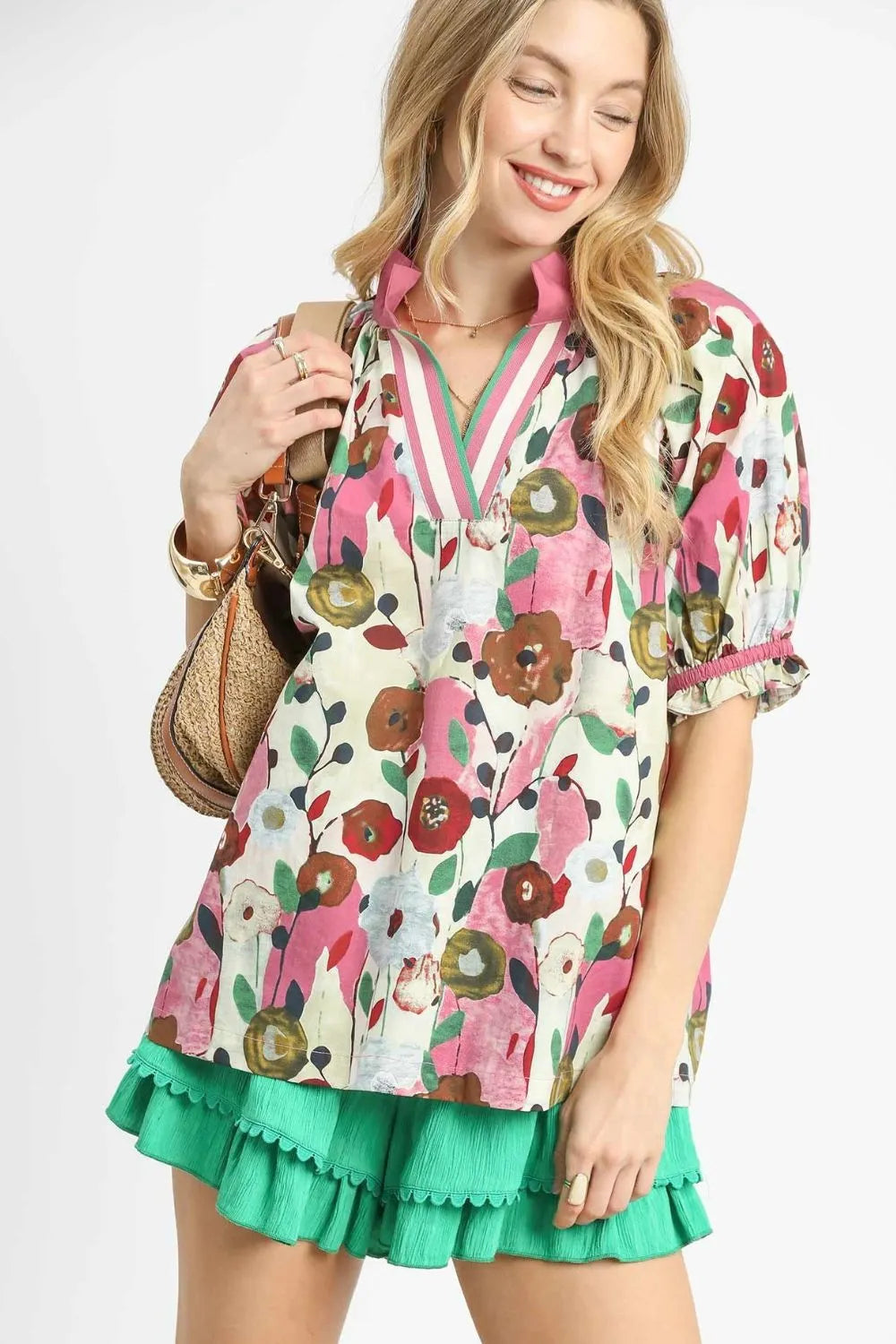 Umgee Floral Print Puff Sleeve Oversized Blouse