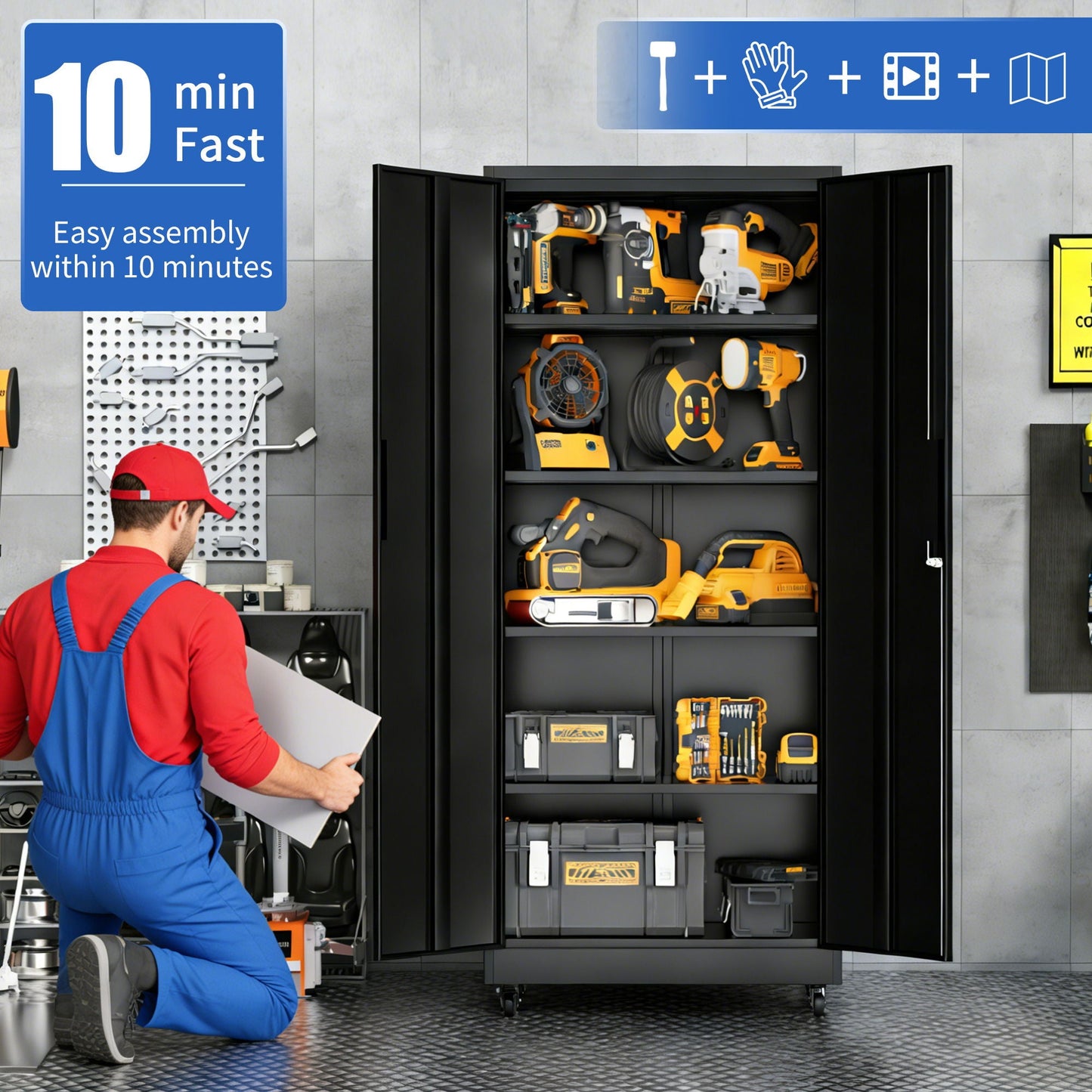 Heavy Duty Rolling Cabinet With Lock, Garage Storage Cabinet, 4 Adjustable Shelves For Tool Organization