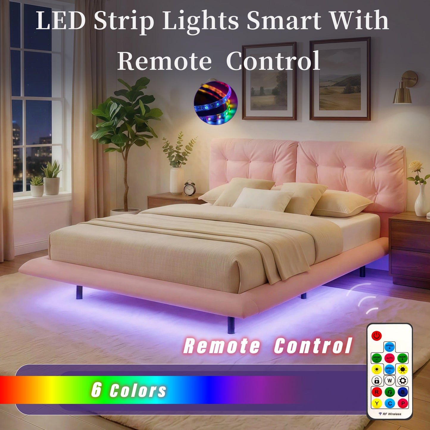 Queen Size Upholstered Floating Bed Frame with LED Lights
