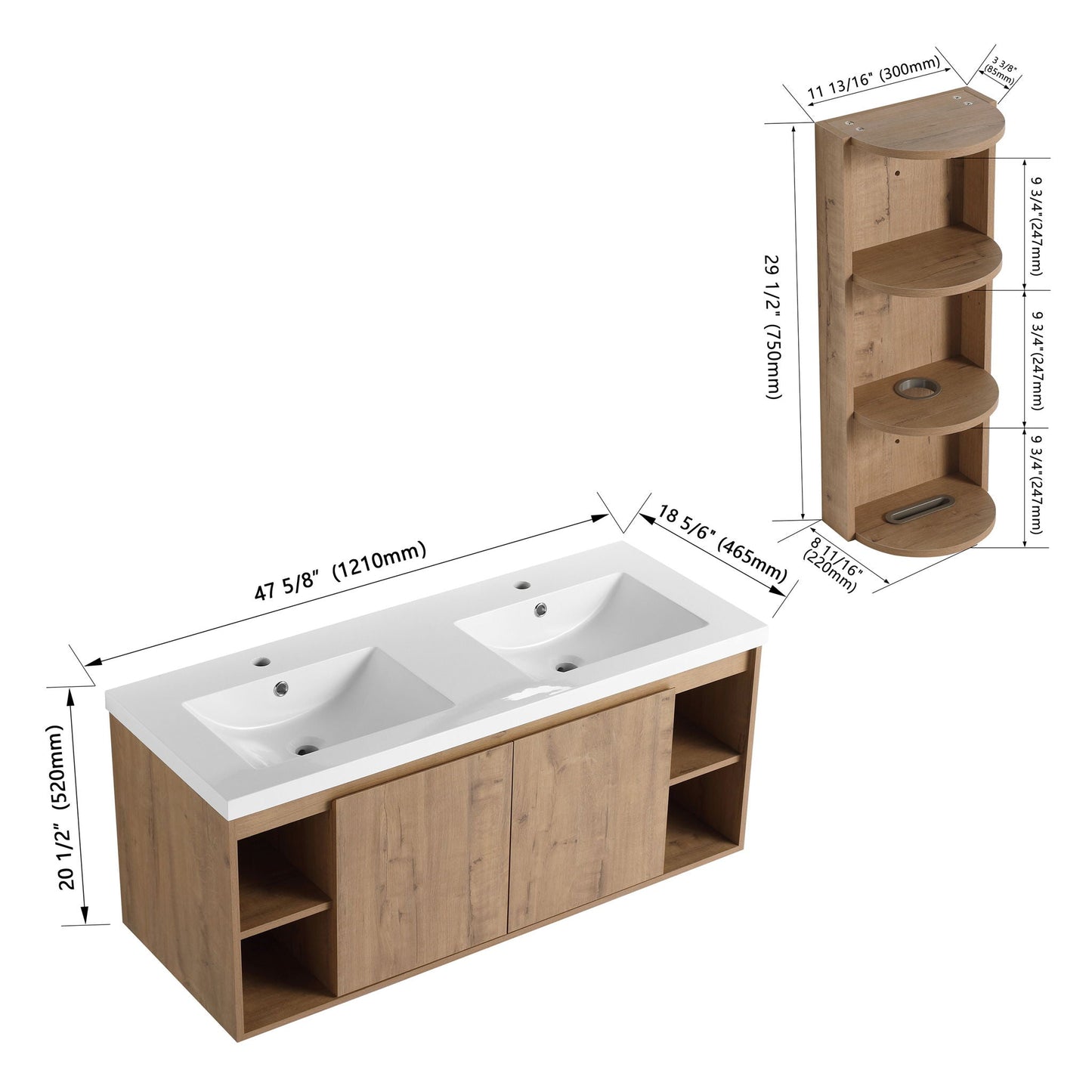 Modern 48" Wall Mounted Bathroom Vanity With Double Resin Sink And Storage Rack Soft Close Doors - Imitative Oak