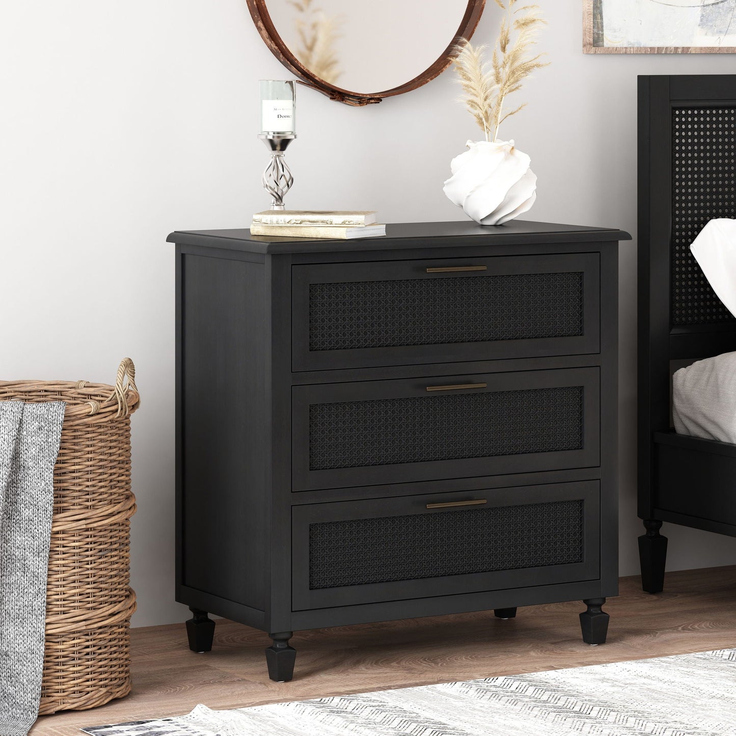 Newell Cane 3 Drawer Dresser - Dark Gray