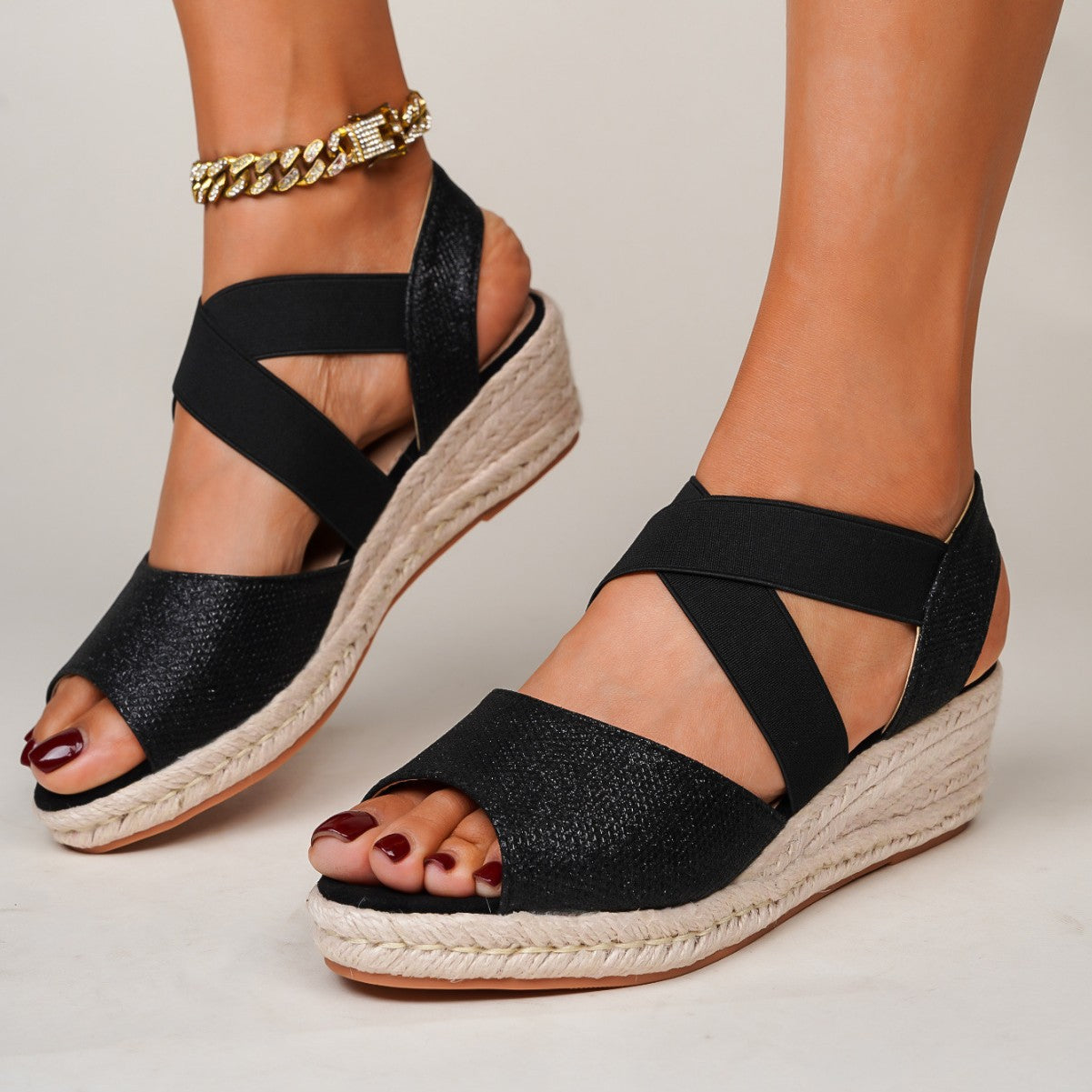 Sequin Peep-toe Espadrille Wedge Sandals With Elastic Cross Straps